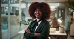 Face, smile and confident business woman in startup at night for overtime or career growth. Portrait, happy entrepreneur and expert employee, public relations specialist or pr agent with arms crossed