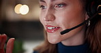 Happy woman, face and night with headset or mic at call center for online advice, telecommunications or virtual assistance. Closeup, female person or consultant talking for customer support or help