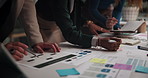 Business people, hands or night with sticky note for planning project, workflow or productivity at office. Closeup, group or busy team working late with paperwork for brainstorming, reminder or tasks