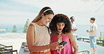 Friends, women and surprised with phone by party for social media meme, laughing for online gossip and funny news. Summer gathering, people and shocked with mobile app for comic announcement outdoor