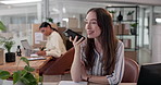 Happy woman, boxes and talking with speaker phone for logistics, audio message or voice note at warehouse. Female person, distributor or speaking with mobile smartphone for online order or delivery