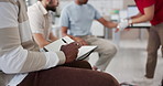 Business people, hands and writing with book for first aid training, lesson or class with paramedic at office. Person, employee or taking notes with health teacher for emergency or safety regulations