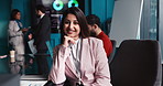 Smile, finance and face of business woman in meeting for risk assessment, investment report or economy forecast. Data analytics, market research and growth with employee in banking firm for future