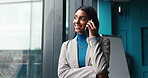Happy woman, window and discussion with phone call for corporate conversation or business chat at office. Female person, financial advisor or investor with smile or reflection on mobile smartphone