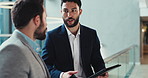 Discussion, business people and men with tablet in office, investment research or handshake in lobby. Teamwork, financial advisor or manager with digital for company growth, shaking hands or feedback