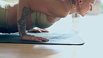 Yoga, stretching and woman with fitness at house, balance and wellness with cobra pose and workout. Training, exercise and female yogi with focus and concentration, pilates and calm at apartment