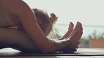 Woman, stretching legs and yoga with fitness at home, health and zen with workout on floor. Training, wellness and spiritual with exercise in apartment, female yogi and pilates with performance 