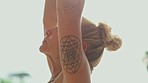 Woman, yoga stretch and profile closeup with wellness, pilates and meditate to relax. Peace, female person and zen with breathing and stretching for spiritual mindfulness and care with calm balance