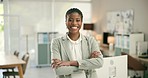 Office, manager and black woman with arms crossed and a smile for investing in stock market or trading. Asset management, workplace and happy portrait with investor, broker or financial advisor 