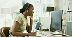 Computer, customer support and black woman consultant in office doing an online consultation. Crm, contact us and African female call center or telemarketing agent working on technology in workplace.