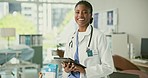 Tablet, face of doctor or woman in clinic for healthcare services, telehealth support or help. Portrait, happy african medical worker or digital technology for planning, research or online consulting