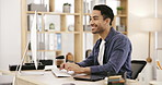 Email, businessman at desk with computer and typing online article, creative review or digital networking. Writing, ideas and happy man in office working on business feedback report on development.