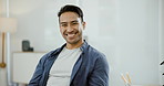 Smile, businessman at desk with confidence and portrait of tech business owner, entrepreneur or professional. Modern office of creative manager, laughing and face of happy Asian man in workplace.