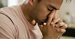 Pain, regret and depression with a man in therapy for mental health, psychology or healing closeup. Stress, anxiety and mistake with a young patient in a grief counseling session for loss or grief