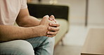 Hands, psychology and anger with a person talking about anxiety, stress or trauma on a sofa closeup. Frustration, consulting and counseling with a patient to explain a fight or conflict in therapy