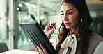 Woman, UI designer and thinking with tablet for website, planning or app development in creative office. Female person, UX software and user with digital pen technology for problem solving and update