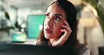 Business, thinking and woman with stress, laptop and solution with planning, internet and tired. Person, employee and consultant with pc, burnout and network with choice, decision and overworked