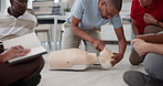 First aid training, person and instructor with mannequin for medical simulation, airway position and injury rescue. CPR demonstration, learning or trainer with health and safety support at workplace