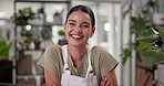 Face, smile and plants with woman in office for sustainable business, growth and botany. Eco friendly startup, supplier and agronomist with person in store for entrepreneur, retail or ecology 
