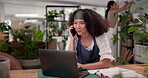 Plant store, laptop and woman with phone call for online order, shipping information or customer inquiry. Sustainable business, ecommerce and owner with advice for floral care or inventory management
