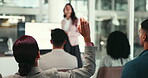 Meeting, presentation and woman with hand up, question and conference for business. Group of people, audience and collaboration for workshop, training or coaching with tradeshow and brainstorming