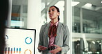 Presentation, screen or woman in office for proposal, finance review or discussion for development. Speaker, seminar or people in boardroom for investment pitch, feedback and graph for profit returns