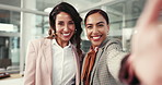 Selfie, face and women in office, friends and celebration for collaboration, bonding and employees. Teamwork, happy and photography for success and profile picture for business and corporate people