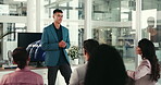 Businessman, presentation and group with screen for ai automation, training and coaching as team. Speaker, technology and communication for machine learning, office or feedback in employee engagement