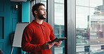 Research, businessman and thinking with tablet in office, online information and seo for digital agency. Ideas, male person and web designer with inspiration for software update, ux and check time