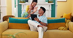 Happy couple, winning or high five with tablet on sofa for promotion, deal or good news at home. Excited man, woman or lovers with smile on technology for income, salary or profit investment at house