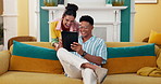 Laughing, tablet or happy couple on sofa to relax on social media for love or comfort on weekend in home. Mobile app, notification and people with smile on couch for funny joke, humor and online meme