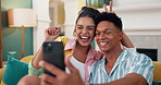 Happy couple, laughing and selfie with emoji on sofa for fun weekend, holiday or picture moments at home. Man, woman or lovers with smile or funny faces for photography or memory on couch at house