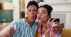 Happy couple, selfie and funny faces with hug on sofa for picture, memory or photography at home. Portrait, man and woman with smile, peace sign or emoji for fun capture moment or weekend at house