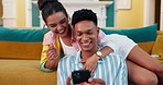 Happy couple, banking and sofa with phone for online app, financial investment or trading together at home. Man, woman or lovers with smile on mobile smartphone for profit, growth or gamling at house