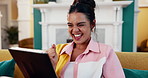 Happy woman, sofa and winning with tablet for good news, email or notification at home. Excited, female person or user with smile on technology for promotion, celebration or great online investment