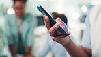 Business person, hands and typing with phone for app testing, development or software platform at office. Closeup, web designer or user with mobile smartphone for social media, research or UX and UI