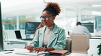 Woman, software developer or design with computer for app development or coding at office desk. Female person, programmer or coder with glasses or technology for UI, UX or AI programming at workplace