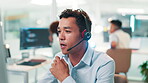Call center, talking or man in web support for communication, software or customer service. Mic, advice or virtual assistant at help desk for technical solution, system update or consulting online