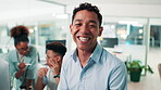Smile, face and planning with business man in office for project manager, performance report or team leader. Research, advisor and tech startup with person in agency for mentor, meeting or idea