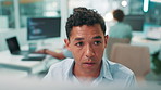 Developer, reading and man on computer for research, project and cybersecurity update in office. Face, coding and programmer with technology for web development, programming and building software