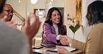 Meeting, shaking hands and business people in office for discussion, deal or offer on project. Collaboration, partnership and public relations team with client for handshake with multimedia contract.