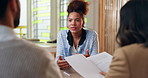Meeting, job interview and business people with candidate in office for recruitment process. Discussion, document and acquisition specialists with applicant for resume review in hiring evaluation.