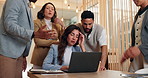 Group, people and laptop with fail in office for investment decline, bad news and financial mistake. Staff, stress and review online with proposal feedback, bankruptcy crisis and collaboration error