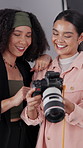 Happy women, photographer or model with camera for photoshoot, digital content or production at studio. Female people, videographer or client with smile for film industry, process or marketing on set