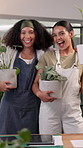 Happy women, florist or pot with plants for agro business, green project or eco friendly shop at store. Portrait, female people or environmentalist with smile for floral or garden design at workplace