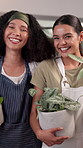 Happy women, florist or pot with plants for small business, green project or eco friendly shop at store. Portrait, female people or environmentalist with smile for garden design at agro workplace