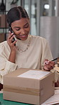 Woman, phone call and shipping for box with writing, label or smile with delivery info for e commerce. Person, smartphone and listen with package, logistics or supply chain at distribution warehouse