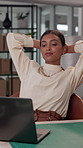 Laptop, business and woman in office, complete and relax with creative startup. Entrepreneur, designer and person at desk, computer and research for company designer, checklist and finished project
