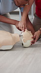 Hands, first aid or breathing with mannequin for CPR training, health or safety workshop. Closeup, teacher or paramedic with demonstration for open airway circulation or emergency rescue at workplace