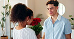 Flowers, present and romance with couple in home together for anniversary or valentines day. Hug, smile and surprise with man giving bouquet to woman in apartment for celebration, gift or love